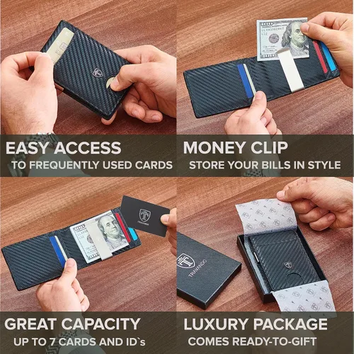 Vista 2 de TRAVANDO Billetera con clip para dinero, bolsillo frontal, delgada, con bloqueo RFID, tarjetero de crédito, mini plegable