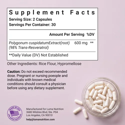Vista 6 de Luma Nutrition Suplemento de Resveratrol de Alta Pureza - 98% Trans-Resveratrol - Antioxidante - Cápsulas de Resveratrol - Vegano y Sin Gluten - 60