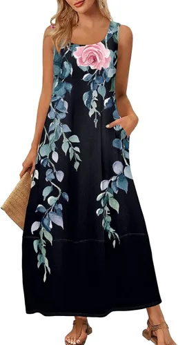 Vista 19 de Vestidos de iglesia para mujer 2025, casual, holgado, sin mangas, largo, fluido, vestido de verano con bolsillos