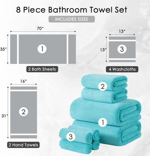 Vista 5 de Juego de toallas de baño de 8 piezas 2 toallas de baño grandes de gran tamaño, 2 toallas de mano y 4 paños Juego de toallas de baño ultrasuaves