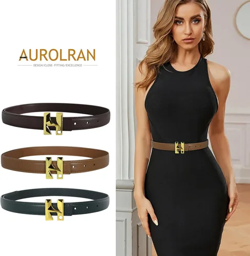Vista 237 de Cinturón de cuero clásico con hebilla de metal para mujer con vestido de jeans