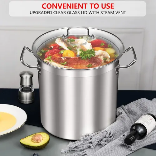 Vista 3 de Olla grande de 20 cuartos de galón con tapa de vidrio templado, olla de cocina de acero inoxidable para sopa, guiso y pasta, olla resistente