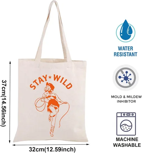 Vista 4 de BLUPARK Bolsa de compras vintage retro vaquera con texto en inglés "Stay Wild