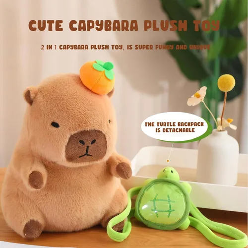 Vista 2 de Ditucu Bonita almohada de felpa Capybara naranja con mochila de tortuga, animales de peluche, juguetes de peluche Capibara, regalos para niños