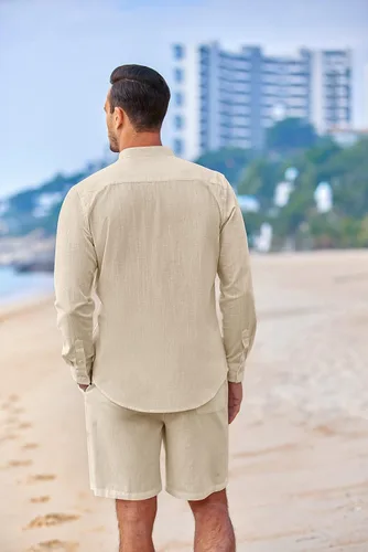 Vista 3 de COOFANDY Conjuntos de lino para hombre, 2 piezas, camisa de manga larga y pantalones cortos casuales con cordón en la cintura, trajes de verano