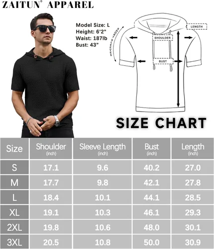 Vista 6 de Zaitun Sudadera con capucha de manga corta para hombre, suéter casual de punto gofre