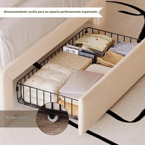 Vista 6 de Base de cama individual con cajones de almacenamiento y cabecera tapizada con estante lateral, marco de cama de terciopelo con luces LED, puerto USB