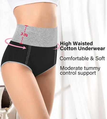 Vista 3 de Ropa interior de algodón de cintura alta para mujer, calzoncillos suaves, cómodos, transpirables, para mujer, paquete múltiple