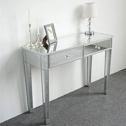 Vista 6 de SSLine Mesa de tocador de maquillaje con espejo, mesa auxiliar moderna para sofá, mesa auxiliar con espejo, mesa de tocador con 2 cajones, mesa