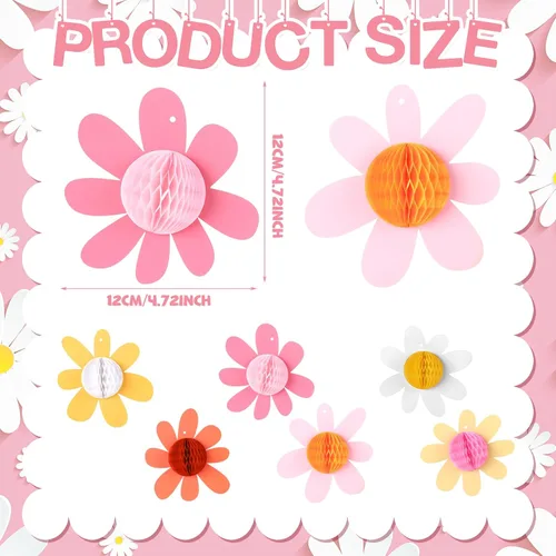 Vista 2 de Poen - 12 decoraciones de fiesta de margaritas con diseño de panal de abeja, flores bohemias para colgar en papel, decoraciones de verano, aula