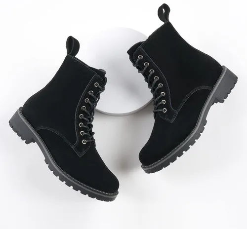 Vista 6 de JABASIC Botas de combate de cuero de gamuza para mujer, botas de tobillo con cordones y cremallera lateral