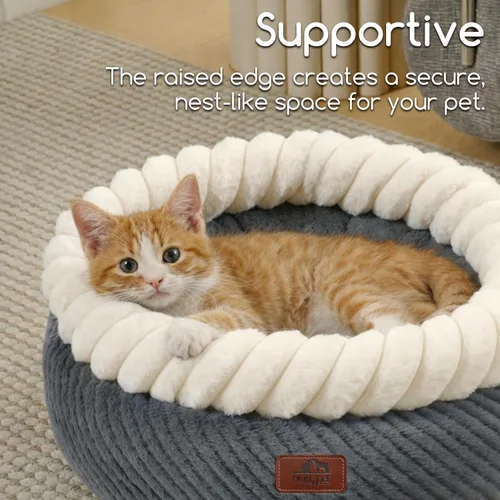 Vista 5 de Hollypet Cama redonda para gatos, camas pequeñas para perros con cojín Gris y Blanco