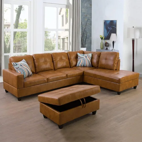 Vista 17 de Juego de sofá seccional de cuero para sala de estar, juego de 3 piezas con almacenamiento otomano negro para sala de estar/dormitorio/apartamento