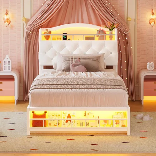 Vista 9 de HAUOMS Cama de princesa individual con luces LED y 4 cajones para niñas
