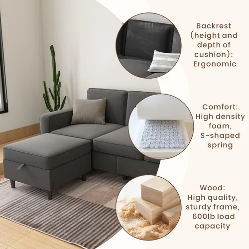 Vista 5 de Sofás seccionales para sala de estar, sofá de asiento profundo, cómodo sofá modular en forma de L, con diván de almacenamiento, fundas lavables