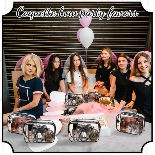 Vista 6 de Kacctyen 10 bolsas de maquillaje con lazo negro, regalos a granel para niñas y mujeres, regalos de fiesta de cumpleaños, coqueta, lazo pastel