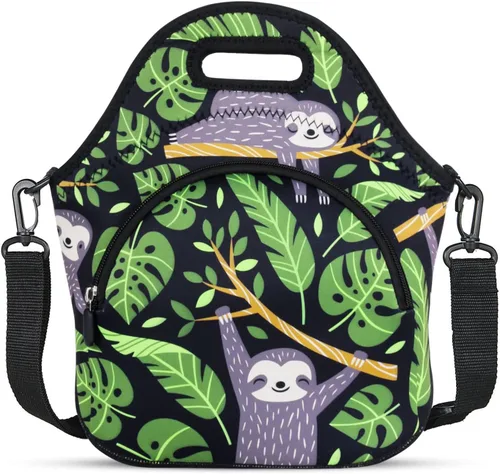 Vista 15 de Violet Mist Lonchera de neopreno reutilizable aislada con correa de hombro ajustable y bolsillo para mujeres, hombres y adultos, lindas bolsas
