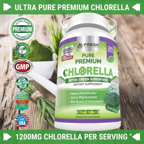 Vista 2 de FRESH HEALTHCARE Suplemento prémium de Chlorella, cápsulas de polvo vegano puro de 1200 mg, 180 pastillas de clorofila y CFG, superalimento natural