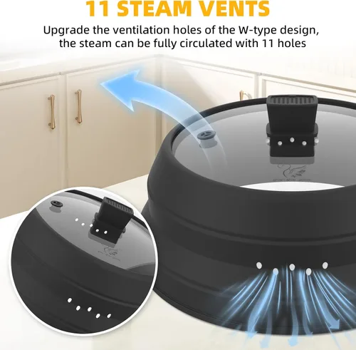 Vista 9 de Cubierta alta para salpicaduras de microondas, tapa protectora de vidrio de 5.8 pulgadas de altura con silicona plegable para plato de olla de Negro