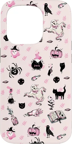 Vista 14 de iPhone 16 Vintage Halloween Case Pumpkins Ghosts Witch Skulls Pink Case