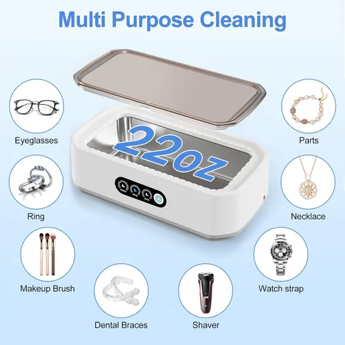 Vista 4 de Limpiador de joyas Máquina ultrasónica con 3 modos de temporizador digital, máquina de limpieza ultrasónica de 49 KHz con 22 onzas (22.0 fl oz)