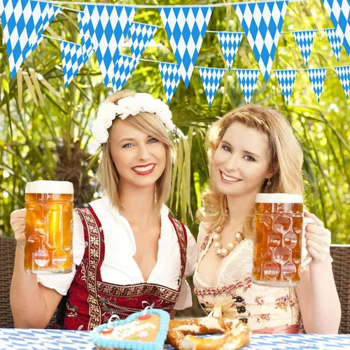 Vista 6 de Banderas de Oktoberfest de 197 pies, paquete de 6 banderines azules y blancos para decoraciones de fiestas temáticas alemanas, decoración