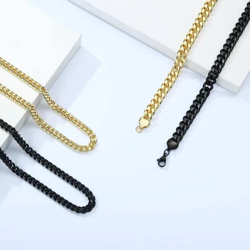 Vista 6 de 18K Real Gold Plated Silver Black Chain Necklace and Bracelets for Men Gifts, Necklace and Bracelet Set for Men Bracelets for Men Cuban Chain for