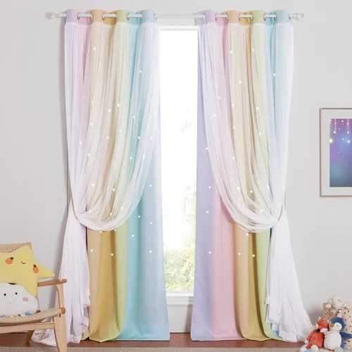 Vista 35 de NICETOWN Cortinas para Dormitorio de Niñas Infantiles con Estrellas Caladas Ventana 2 Capas Cortina 63 Pulgadas de Longitud Oscurecimiento