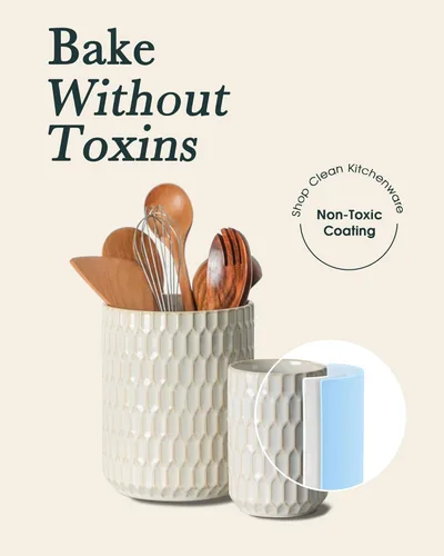 Vista 6 de Portautensilios, 7.3"+5.4" Portautensilios de Cerámica para Cocina para Encimera, Recipiente Grande para Utensilios de Cocina para Encimera de Beige