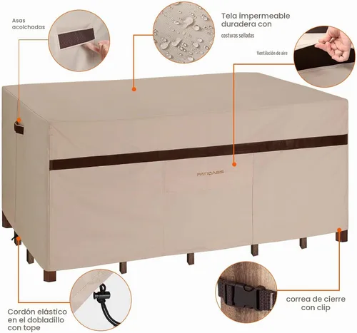 Vista 4 de Funda para Juego de Mesa y Sillas de Patio Rectangular 109" de Largo, Fundas Impermeables para Muebles de Exterior 600D, Duraderas, Resistente a