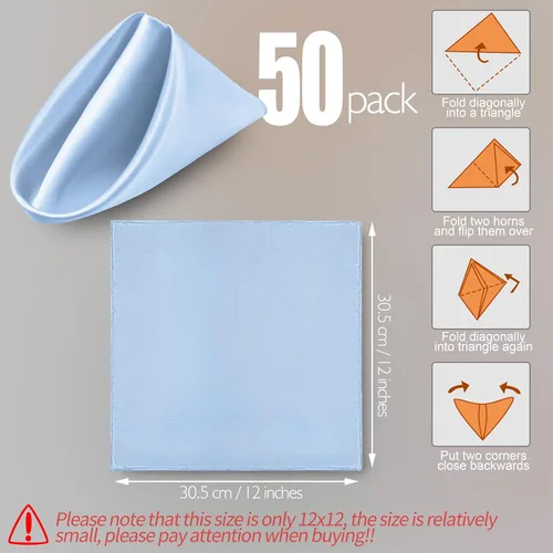 Vista 2 de Manyshofu 50 servilletas de satén color azul bebé, servilletas de tela de 12 x 12 pulgadas, juego de servilletas cuadradas de tela de satén