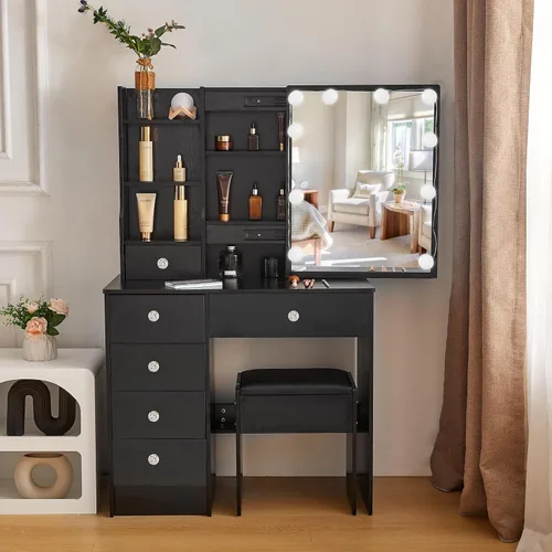 Vista 11 de Escritorio blanco cálido con espejo iluminado LED, mesa de tocador de maquillaje con armario izquierdo iluminado, 6 cajones y taburete, tocador