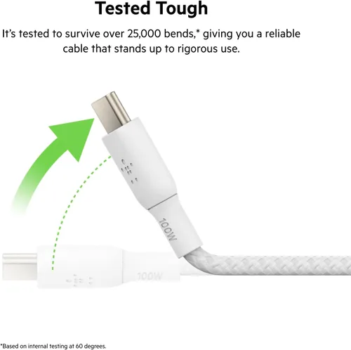 Vista 3 de Belkin Cable USB C a USB C, 6.6 pies, 100 W, cargador tipo C, cable de carga para iPhone, suave, trenzado, flexible para iPhone 17, Galaxy S25