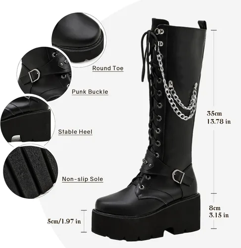 Vista 5 de Parisuit Botas góticas altas hasta la rodilla con hebilla de plataforma para mujer, tacón alto grueso, con cordones, botas de combate punk, con Negro