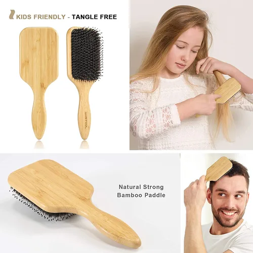 Vista 5 de BESTOOL Cepillo de pelo de jabalí y cerdas de nailon para todos (mujeres, hombres, niños) para cabello húmedo y seco, masaje desenredante, mejora