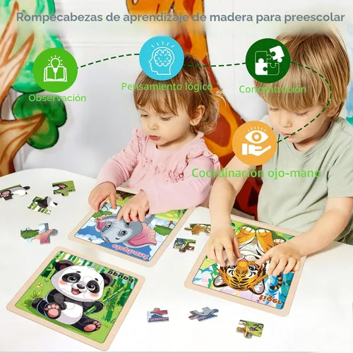 Vista 5 de Rompecabezas de madera para niños pequeños, 9 piezas de rompecabezas de animales para niños de 3 a 5 años, actividades de aprendizaje preescolar