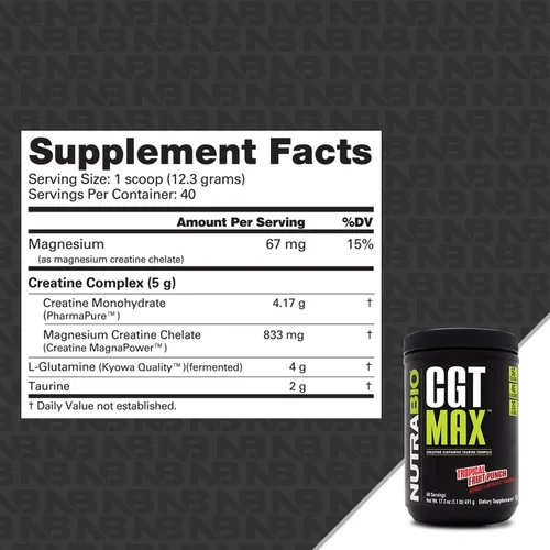Vista 2 de NutraBio Polvo CGT-MAX - Creatina, glutamina y taurina para apoyar la recuperación muscular y la fuerza - 40 porciones - Ponche de frutas