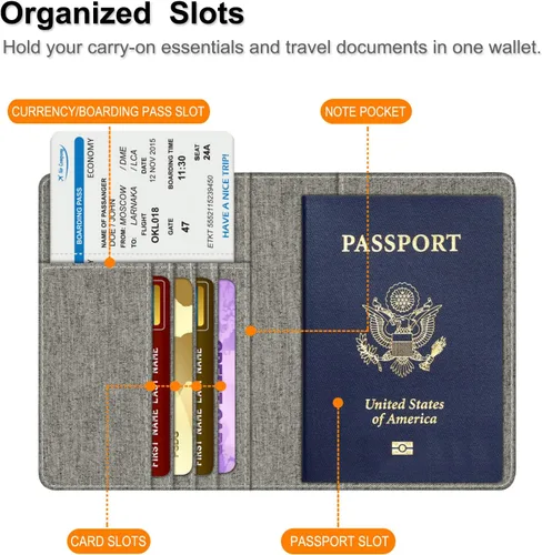 Vista 4 de Fintie - Funda para tarjetas y pasaporte, de piel sintética, bloqueo RFID, cartera de viajes (mezclilla gris)