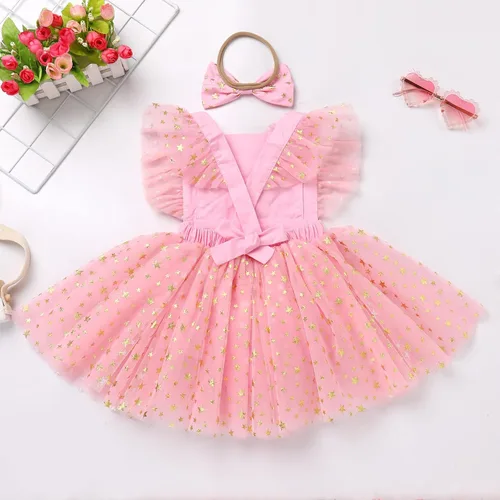 Vista 3 de Traje de bebé recién nacida para el primer cumpleaños, vestido de príncipes, diadema de encaje, volantes, estrellas brillantes, para sesión de fotos