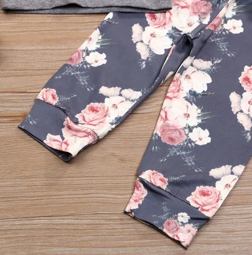 Vista 6 de YOUNGER TREE Ropa de bebé niña con capucha de manga larga con pantalones florales con diadema conjuntos de 3 piezas