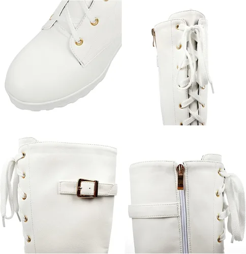 Vista 50 de Parisuit Botas góticas altas hasta la rodilla con hebilla de plataforma para mujer, tacón alto grueso, con cordones, botas de combate punk, con Negro