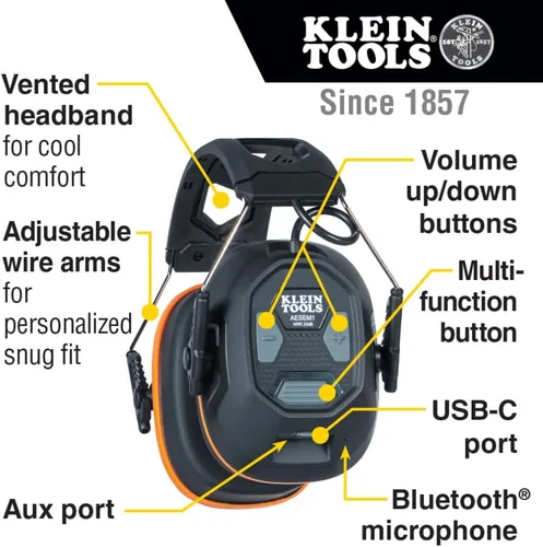 Vista 2 de Klein Tools AESEM1 Orejeras de seguridad de protección auditiva con tecnología Bluetooth, NRR 20dB, tiempo de funcionamiento de 70 horas