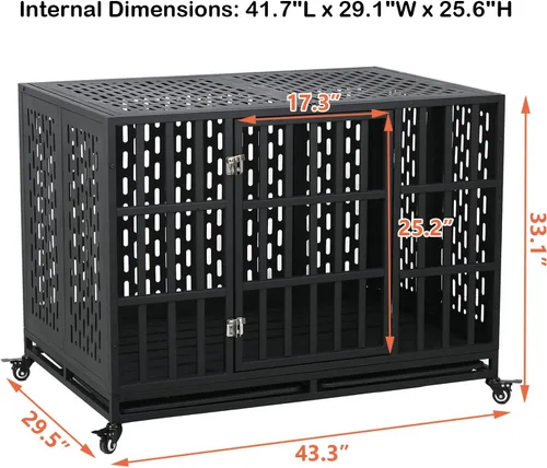 Vista 6 de Jaula indestructible para perros de 44 pulgadas, jaula de acero a prueba de mordeduras de alta ansiedad para perros medianos y grandes, doble puerta