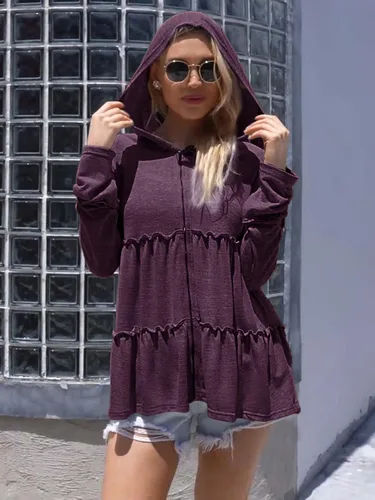 Vista 4 de DEESHA Sudadera con capucha con cremallera completa para mujer plisada escalonada con volantes chaqueta de manga larga