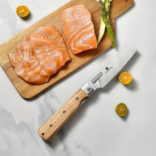 Vista 2 de ZhengSheng Cuchillo de chef plegable 4.8" Ultra afilado con hoja de acero inoxidable 440A, mango de oliva natural, cuchillo de cocina estilo japonés