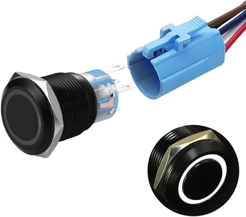 Vista 9 de Interruptor de botón de enclavamiento de 0.748 pulgadas, interruptor SPDT de encendido/apagado, impermeable, de metal negro, anillo LED de 12V