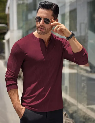 Vista 58 de COOFANDY Camisas Henley de manga larga para hombre, camisetas elásticas acanaladas, camisetas básicas casuales de moda