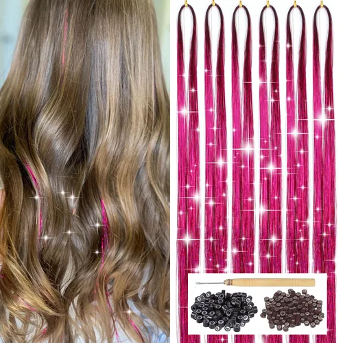 Vista 12 de Kit de oropel de cabello negro con herramienta, 6 piezas, 1200 hebras de extensiones de cabello de oropel con purpurina, resistentes al calor