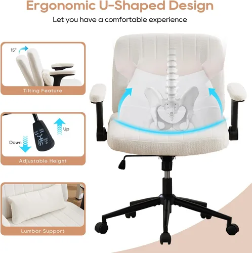 Vista 7 de IPKIG Silla cruzada con brazos abatibles ajustables, silla de tocador con ruedas, cómoda silla de escritorio con almohada lumbar, silla de oficina
