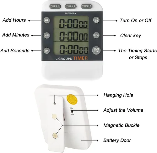 Vista 3 de Photect Temporizador digital de cocina de 2 piezas, 3 canales, temporizador multitemporizador, alarma ajustable magnética, cuenta atrás, memoria